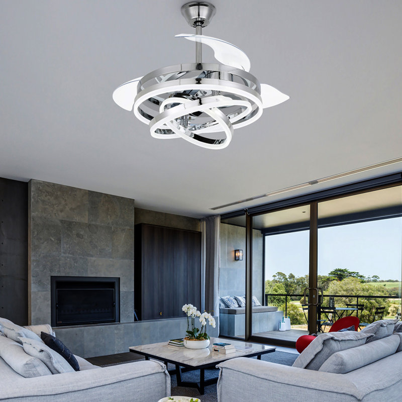 Heighton 36'' Retractable LED Ceiling Fan with Remote and Light Kit DC Motor 6 Speeds, Chrome