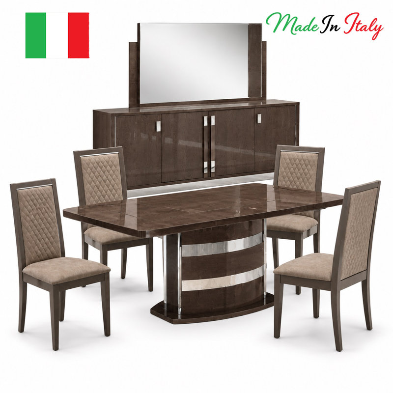 Extendable Solid Wood Dining Set, 7 Pieces: Table, 4 Chairs, Sideboard, Mirror