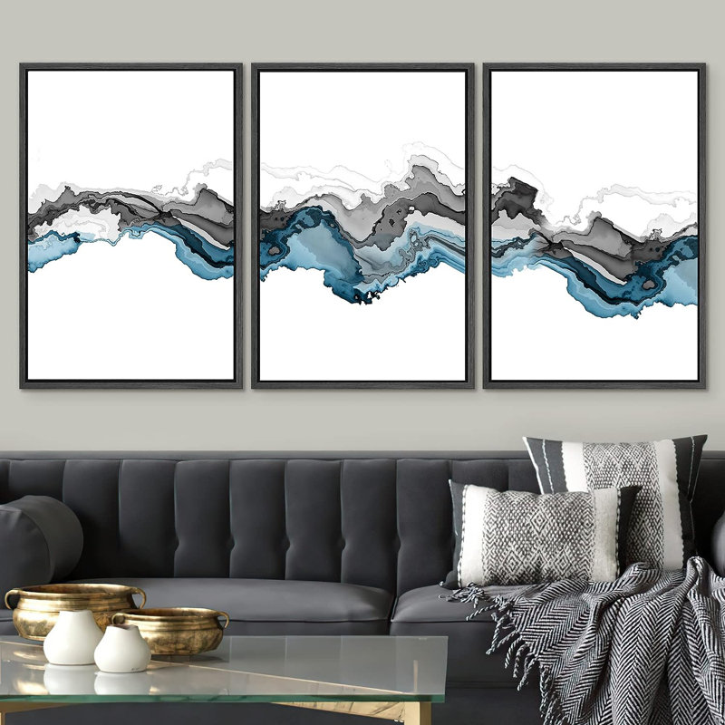 «Smoke Effect Black Smoke Wave», paysage abstrait, illustrations de formes abstraites encadrées sur toile, 3 pièces