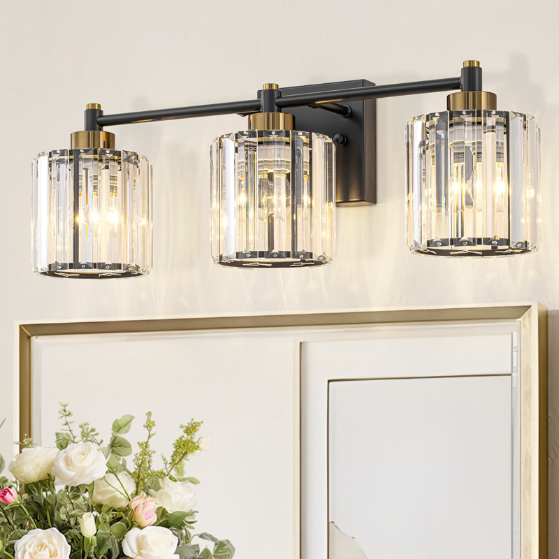 3-Light Dimmable Glass Crystal Vanity Light, Black/Gold