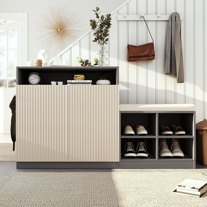 Entryway Bench Cabinet With Cushion And Adjustable Shelves, Shoe Bench Storage Console Table With Wavy Slatted Door And Hooks