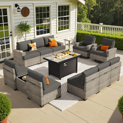 10-person  Outdoor Sectional With Cushions,swivel Rockers,led Coffee Table And Fire Pit,all-weather Wicker Patio Set	