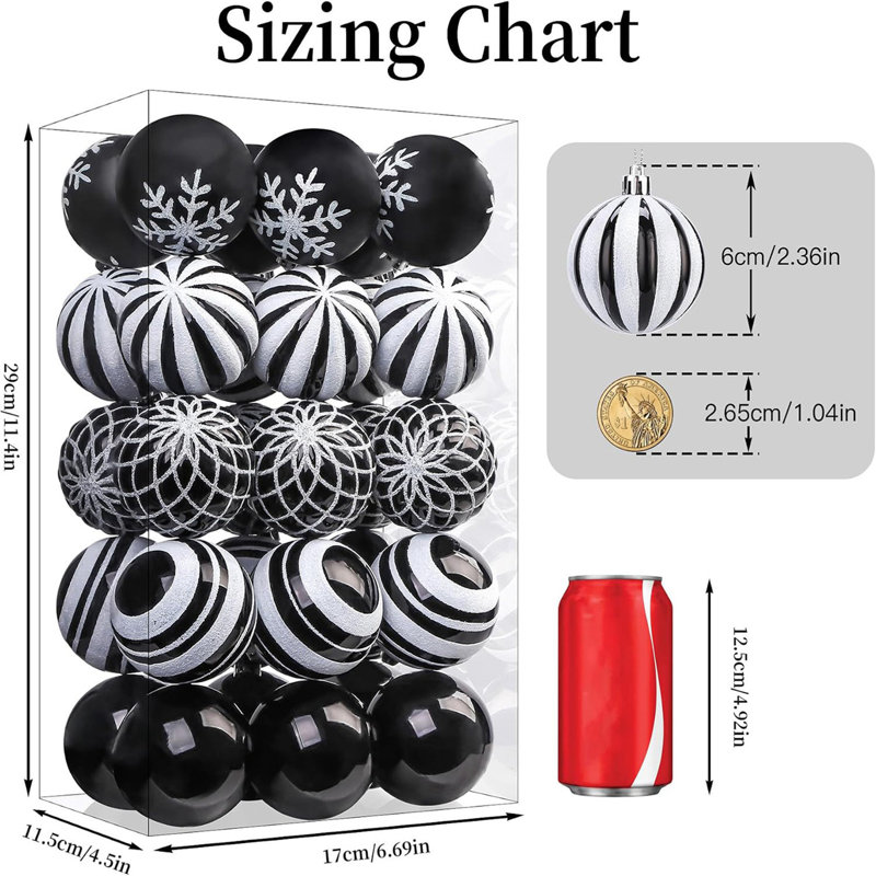 Ornements de boules de Noël 30ct 2,36 pouces, noir et blanc, 60mm