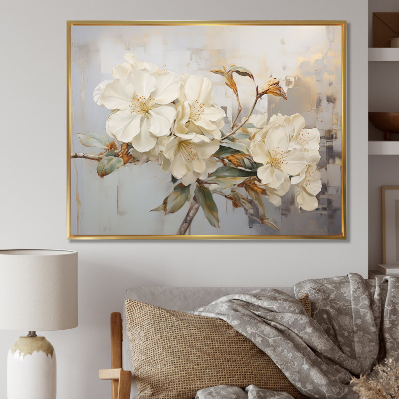 Essence de simplicité rhododendron VI, Cadre flottant doré, H 16 po x l 32 po x P 1 po