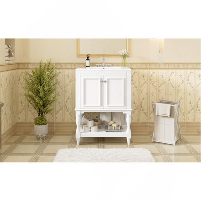 24 inch Modern Luxury Bathroom Vanity with Ceramic Sink, Bathroom Cabinet with Open Shelf and Closed Storage