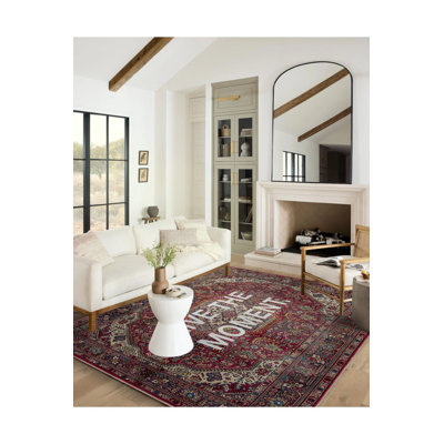 Live The Moment Text Red Vintage Decorative Woven Base Washable Rug