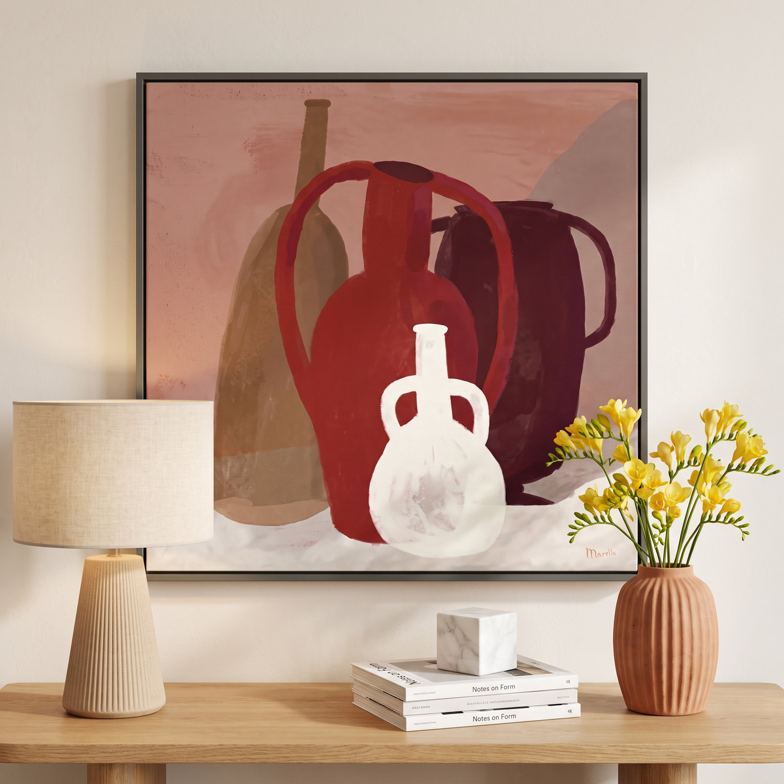 Terracotta Vessels Print by Marco Marella, 24" H x 24" W, Framed Print Canvas without Mat, Black