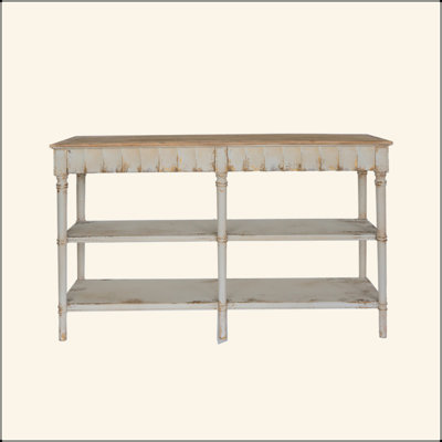 Console à trois niveaux en bois au fini blanc et beige patiné