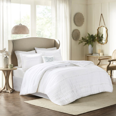 Couette blanche style shabby chic pour lit king size - 5 pièces, en microfibre, à volants, lavable à la machine. Linge de maison en microfibre, lit king, blanc, chic, couette à volants, détails, rembourrage