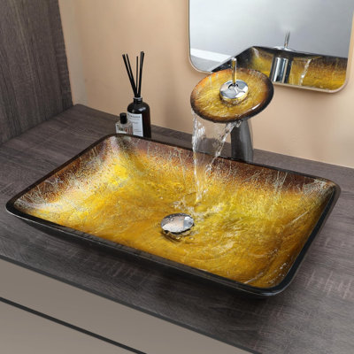 22-Inch Rectangular Glass Vessel Sink Combo with Waterfall Faucet, Pop-Up Drain & Above Counter Installation