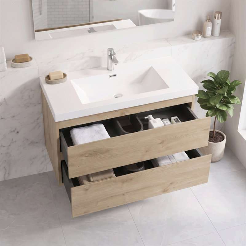 Meuble-lavabo suspendu de 91 cm (36 po) en mélamine en bois avec lavabo intégré en résine, armoire de salle de bain en bois naturel avec tiroirs à fermeture douce et poignées invisibles