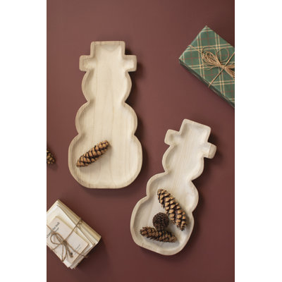  Carved Wood 23.75" Tall Snowmen Trays – Set of 2 Holiday Christmas Table Décor