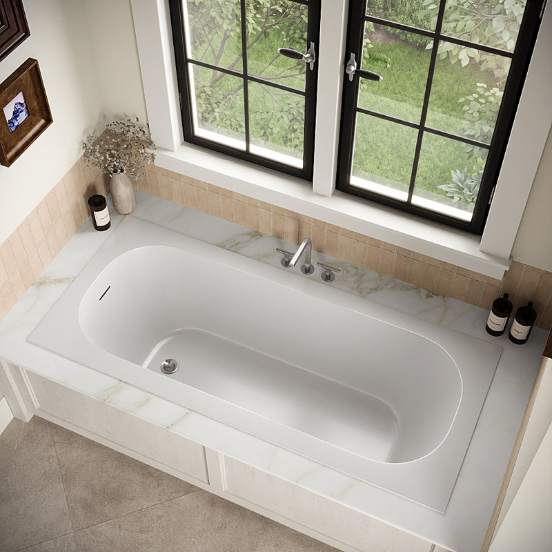 Baignoire encastrée Streamline NS7400CH 67 po en résine de pierre blanche mate avec receveur et bonde intégrée en chrome poli