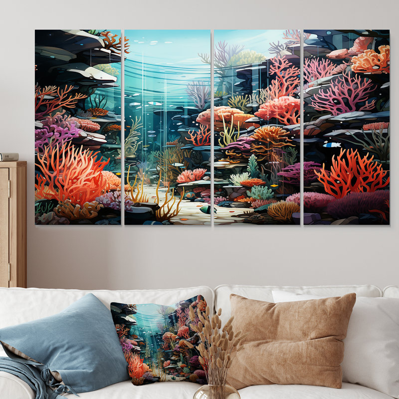 «Life In Coral Reef Paradise II», ensemble de 4 décorations murales tropicales côtières, H 28 po x l 48 po