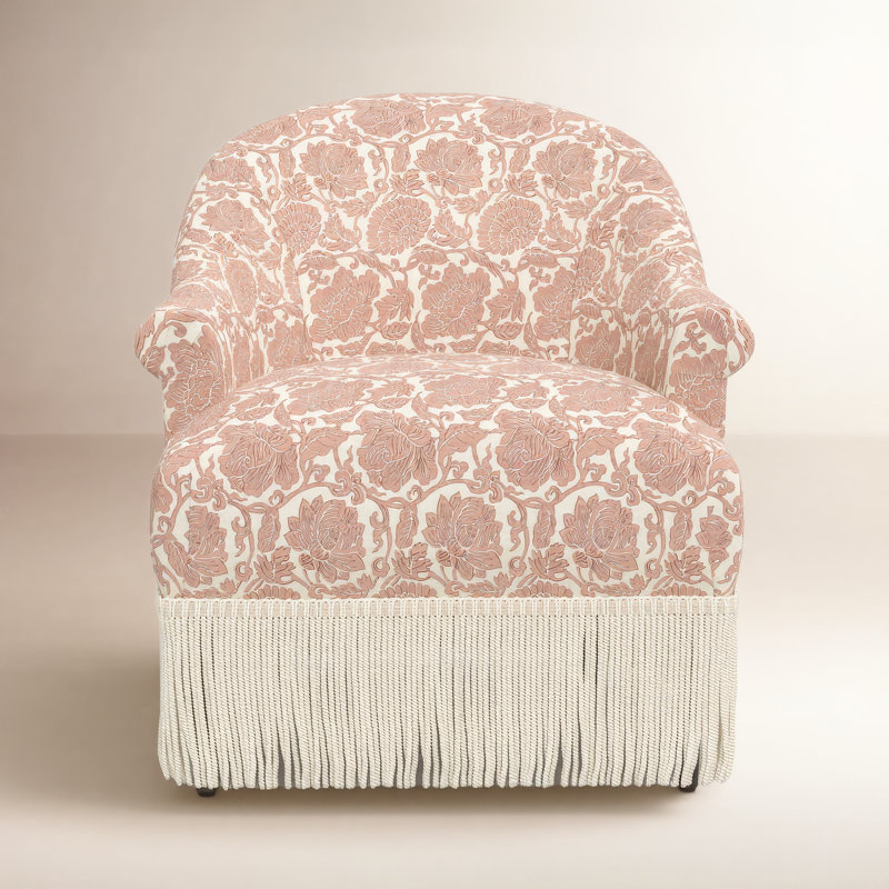 Callie Cotton Upholstered Barrel Chair with Recessed Rolled Arms and Solid Wood Legs, Japanais Dusty Pink, Ivory