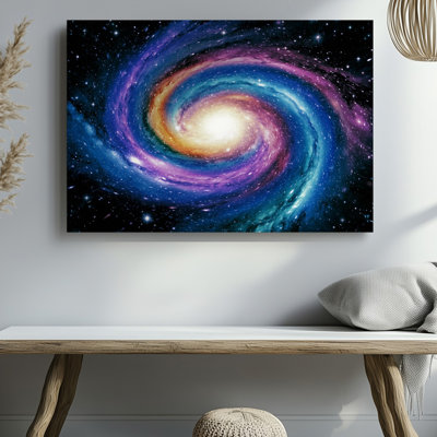 Toile, une scène de galaxie tourbillonnante vibrante remplie d'un riche spectre d'art mural de couleurs incluant des bleus profonds radieux violets, art mural sur toile