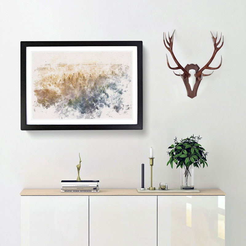 Fog Over The Forest Watercolour - Single Picture Frame Print on MDF, 62cm H x 87cm W x 2cm D, Black Framed