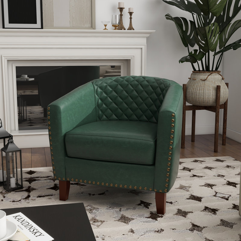 Edvardas Upholstered 29.11 Wide Green Faux Leather Tufted Barrel Club Chair with Nailhead Trim, Green Faux Leather