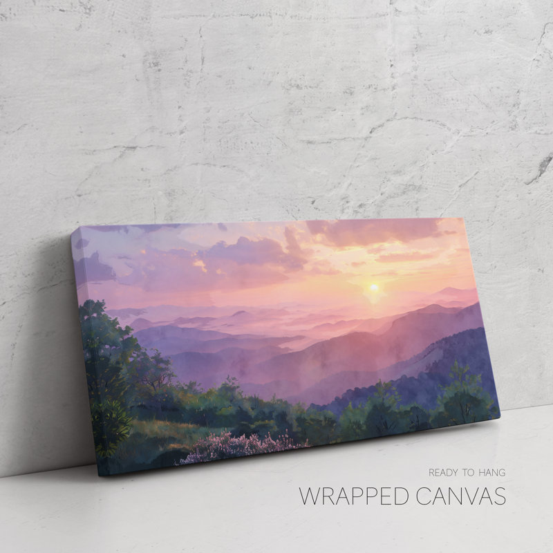 Aquarelle, parc national des Blue Ridge Mountains, art mural coucher de soleil, Toile tendue, H 28 po x l 56 po x P 1,5 po