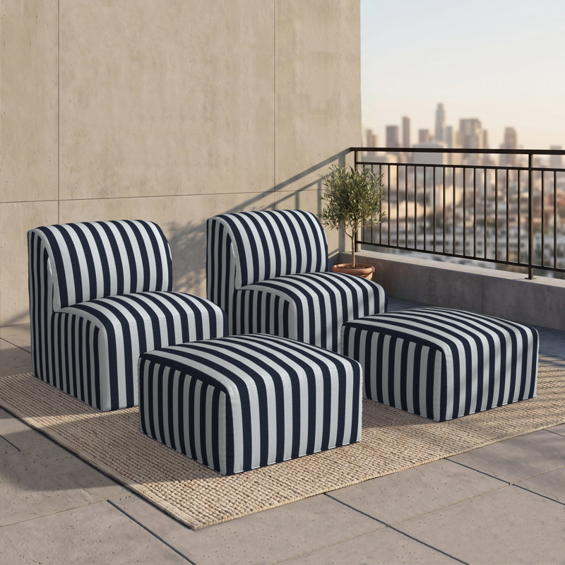 Ensemble de chaise rembourrée avec repose-pieds et coussins Sunbrella 4 pièces Praia , Sunbrella® rayé à brume expressive