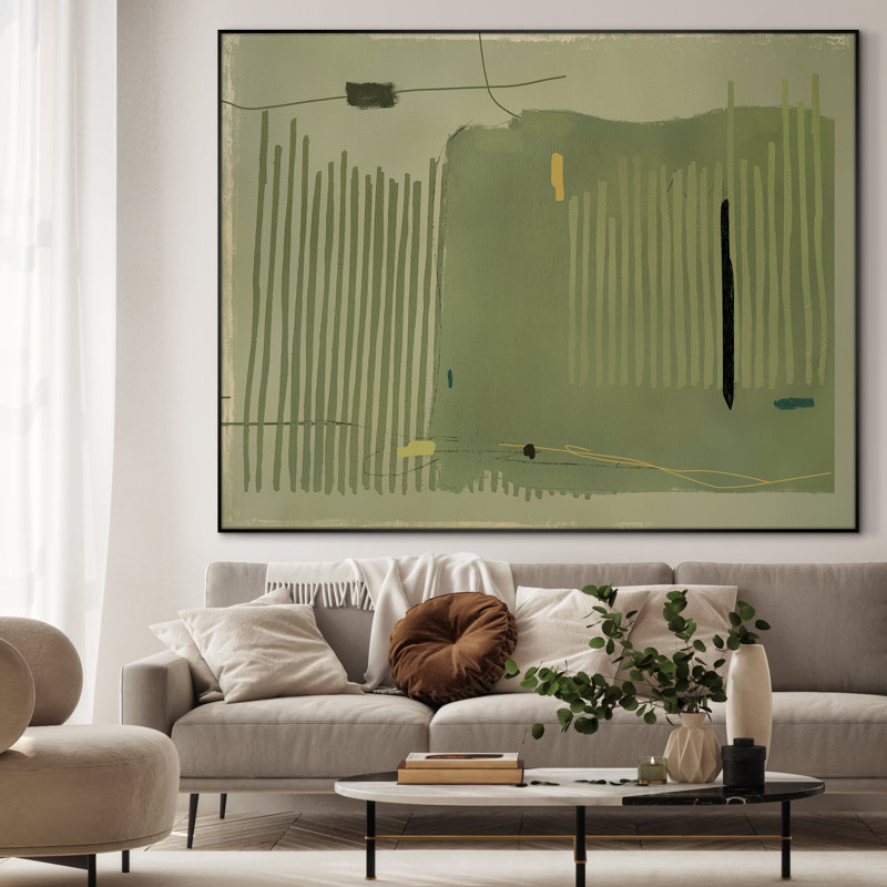 Très grand imprimé géométrique abstrait mural - œuvre d'art minimaliste verte et noire, décoration moderne pour le salon ou la chambre à coucher, assemblage de cadre requis
