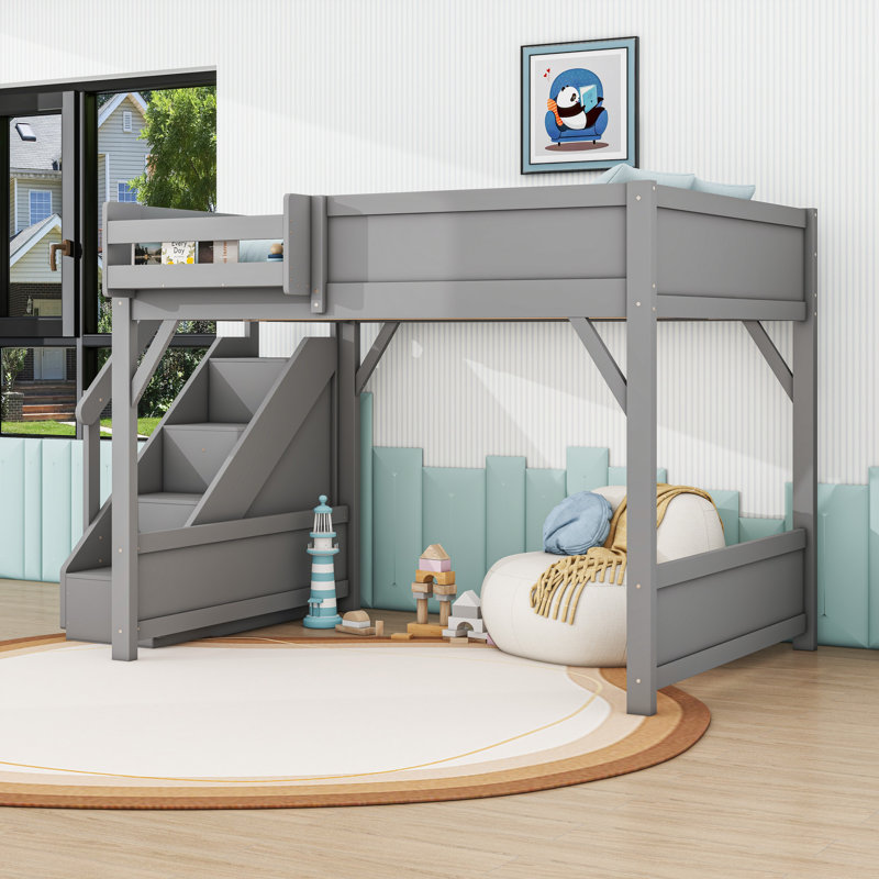 Wooden Space-Saving Loft Bed with Stairs, Gray, Full