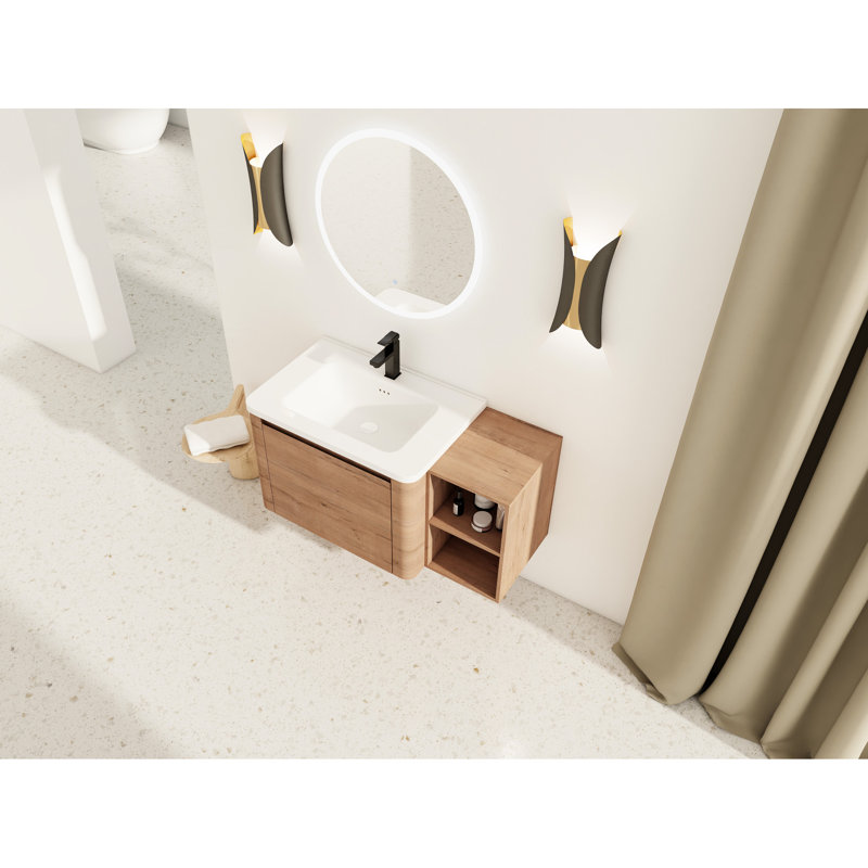 Ensemble de meuble-lavabo mural 40 po avec tablettes en céramique blanche, 1 porte à fermeture en douceur, emballage Kd, conception en contreplaqué, charnières à fermeture silencieuse, bordures d'armoire arrondies