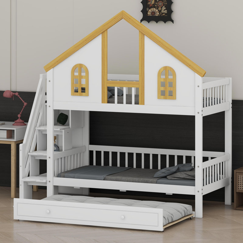 House-Style Bunk Bed with Integrated Storage Stairs and Pull-Out Trundle