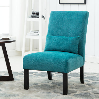 Chaise d'appoint moderne en tissu chenille avec coussin bleu sarcelle et base, pieds en bois massif pour un siège stable