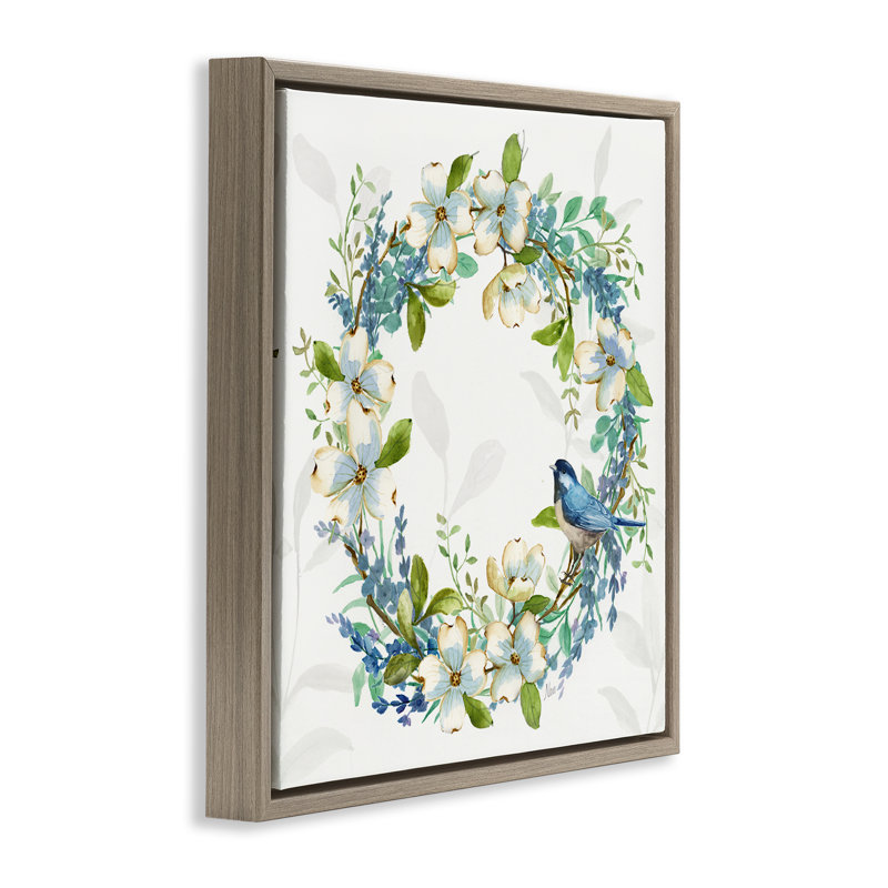 «Dogwood Wreath & Bluebirds», art mural encadré flottant par Nan, H 18 po x l 18 po, Cadre flottant orme Montalcino
