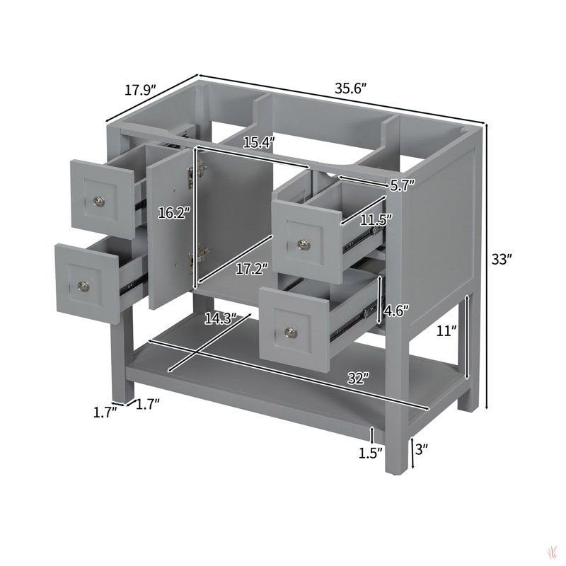Meuble-lavabo de 36 po sans lavabo, ensemble de meuble-lavabo autoportant avec 4 tiroirs et portes à fermeture douce, armoire de rangement pour cadre de salle de bain en bois massif seulement