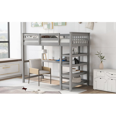 Lit mezzanine avec tablettes de rangement et bureau sous le lit