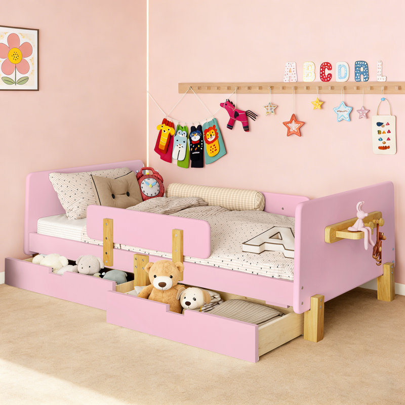 Kids Daybed Frame with Storage Drawers and Safety Guardrails,  Wood Daybed with Headboard and Hook Organizer, Pink, Twin