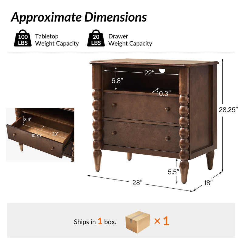 Arifah Transitional 28"W 2-Drawer Spindle-Style Solid Wood Columns End Table with Integrated Power Strip with USB Ports