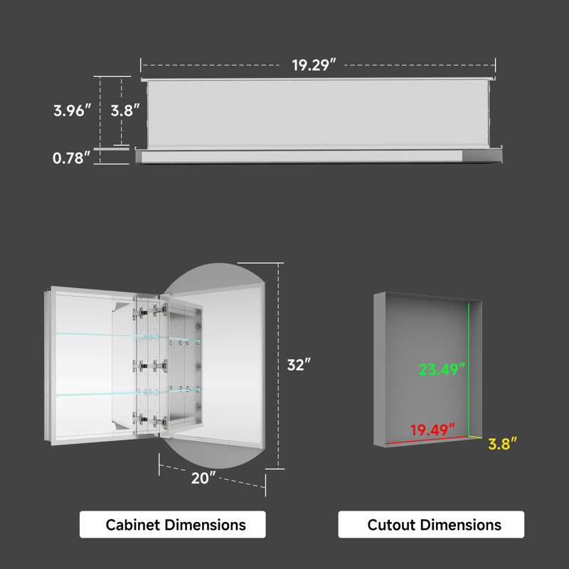 Pharmacie sans cadre l 20 po x H 32 po avec miroir sans cuivre | Miroir en verre antidéflagrant | Tablette réglable en verre | L'installation encastrée et l'installation en surface sont toutes deux disponibles | Porte à fermeture douce