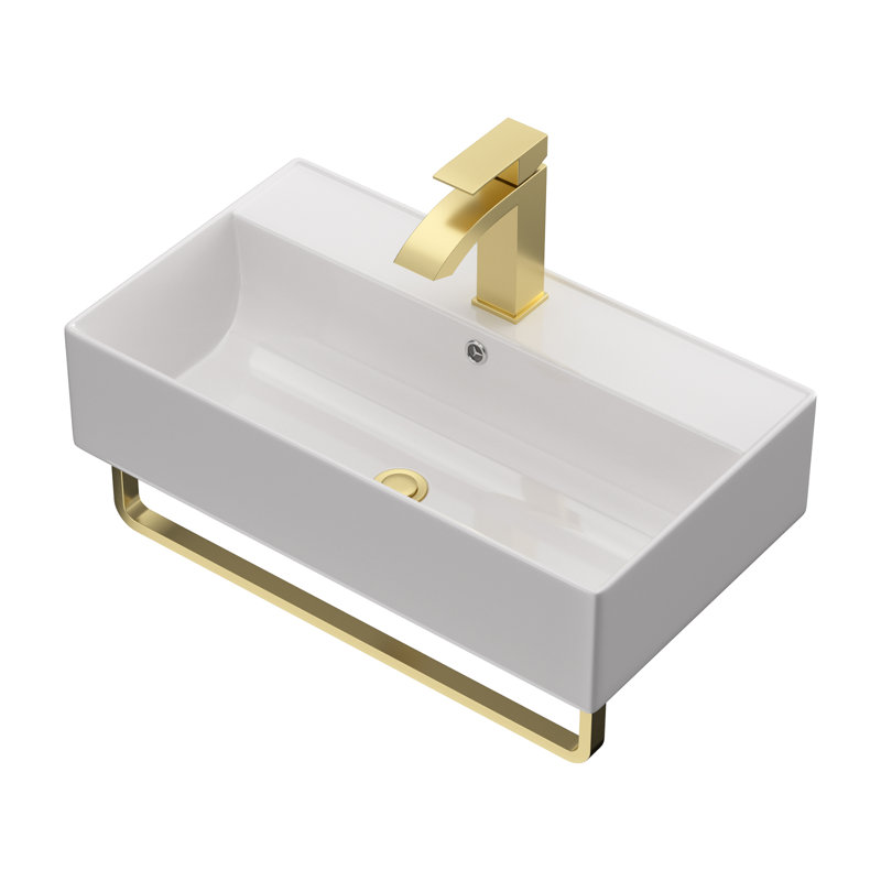 21"x12" Wall Mounted Ceramic Bathroom Sink with Gold Towel Rack White Porcelain Rectangle Vessel Basin with Overflow Hole Floating Bathroom Sink with Overflow Hole