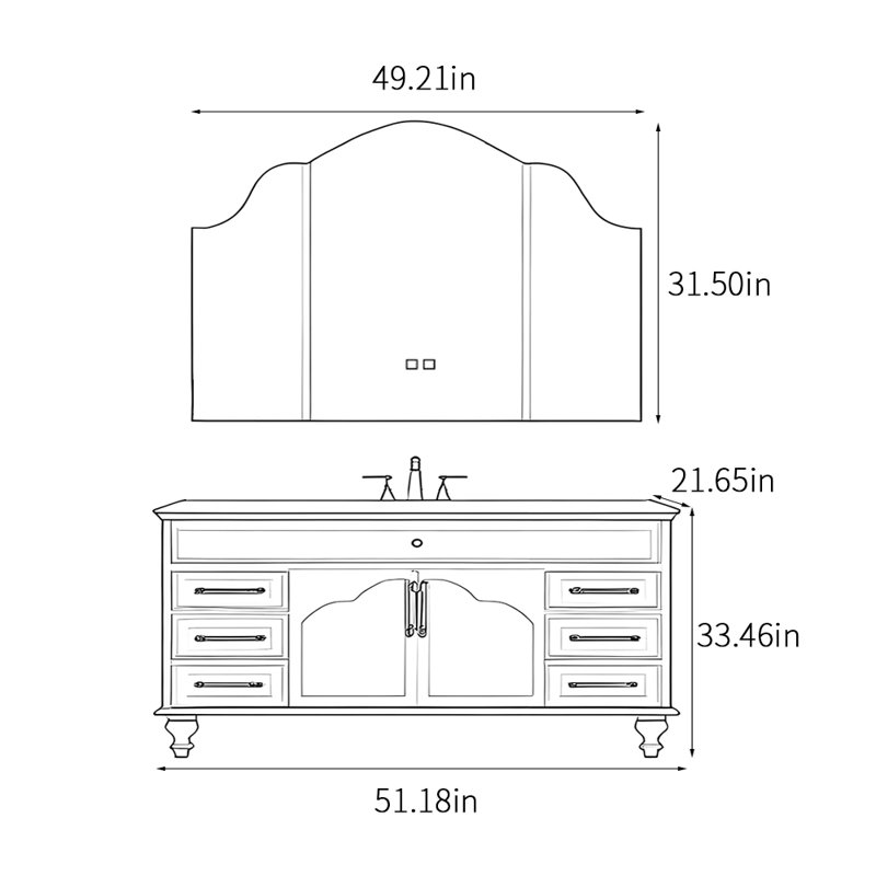 French style retro modern bathroom cabinet, White, 51"