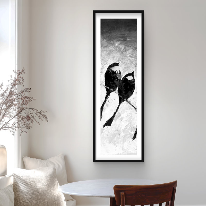 Cinq oiseaux perchés - reproduction encadrée mate pour la décoration intérieure, H 48 po x l 16 po