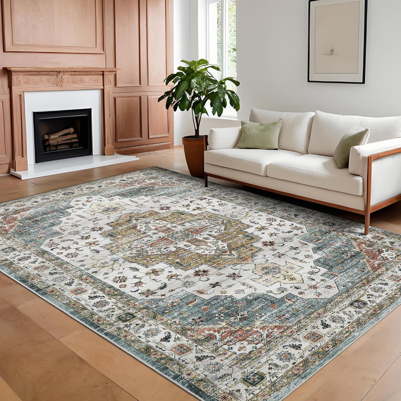 Vintage Washable Rug – Non-Slip Non-Shedding Foldable Distressed Traditional Carpet for Kitchen Bedroom Entryway Bathroom Brown/Green.