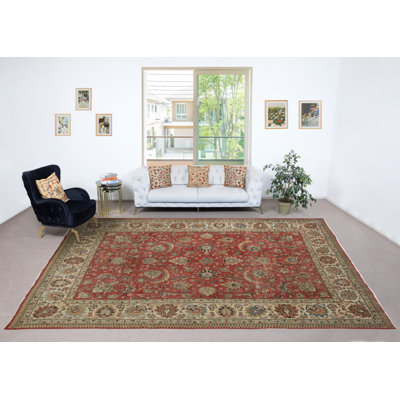 Tapis turc rétro unique 9,2 x 12,7 pi. Tapis rouge en laine noué à la main pour le salon