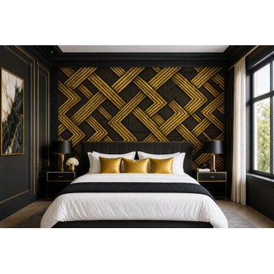 Papier peint art déco à motif géométrique en treillis doré et noir