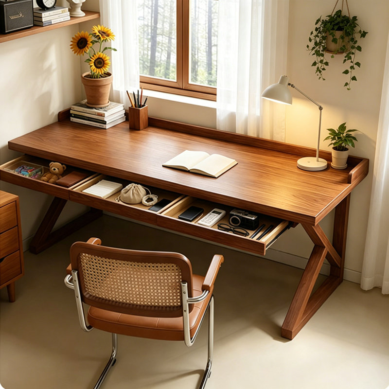 Bureau d'écriture rectangulaire en bois massif rétro brun, 29.52" H x 78.74" W x 27.55" D