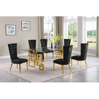 Borel Rectangular 95'' L x 46'' W Clear Glass Dining Set with Velvet Chairs