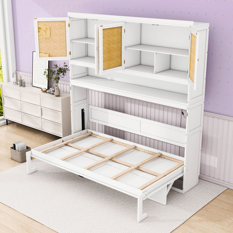 Lit escamotable simple avec armoires, éclairage DEL et ports de charge, Blanc