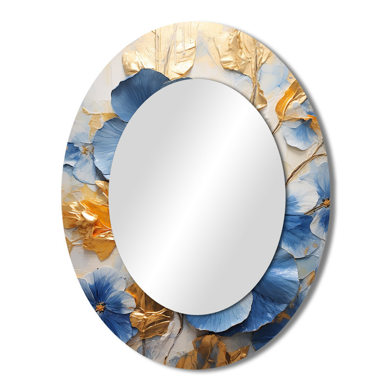 Miroir mural ovale bleu et doré, H 43 po x l 33 po