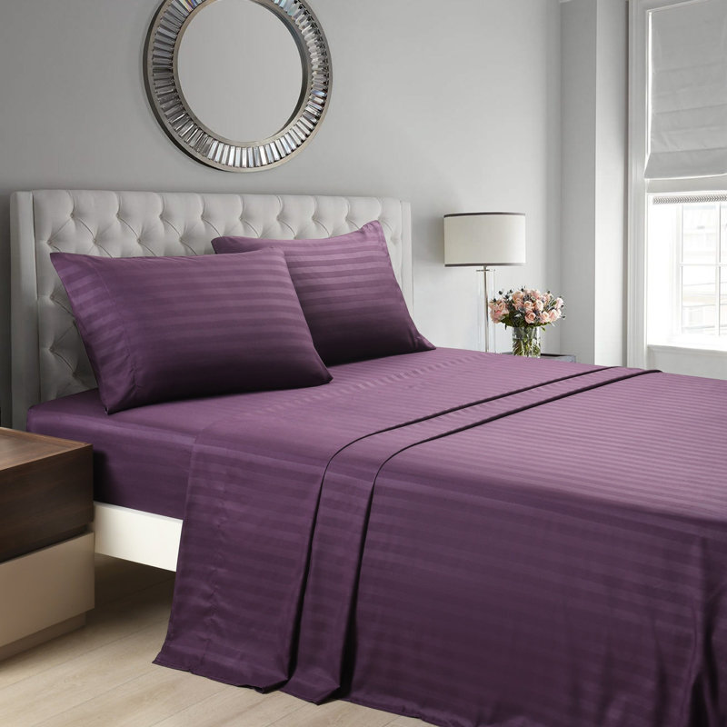 3/4 Pcs Luxury Striped Bed Sheets Set, King Sheet Set with 2 Pillowcases, Purple