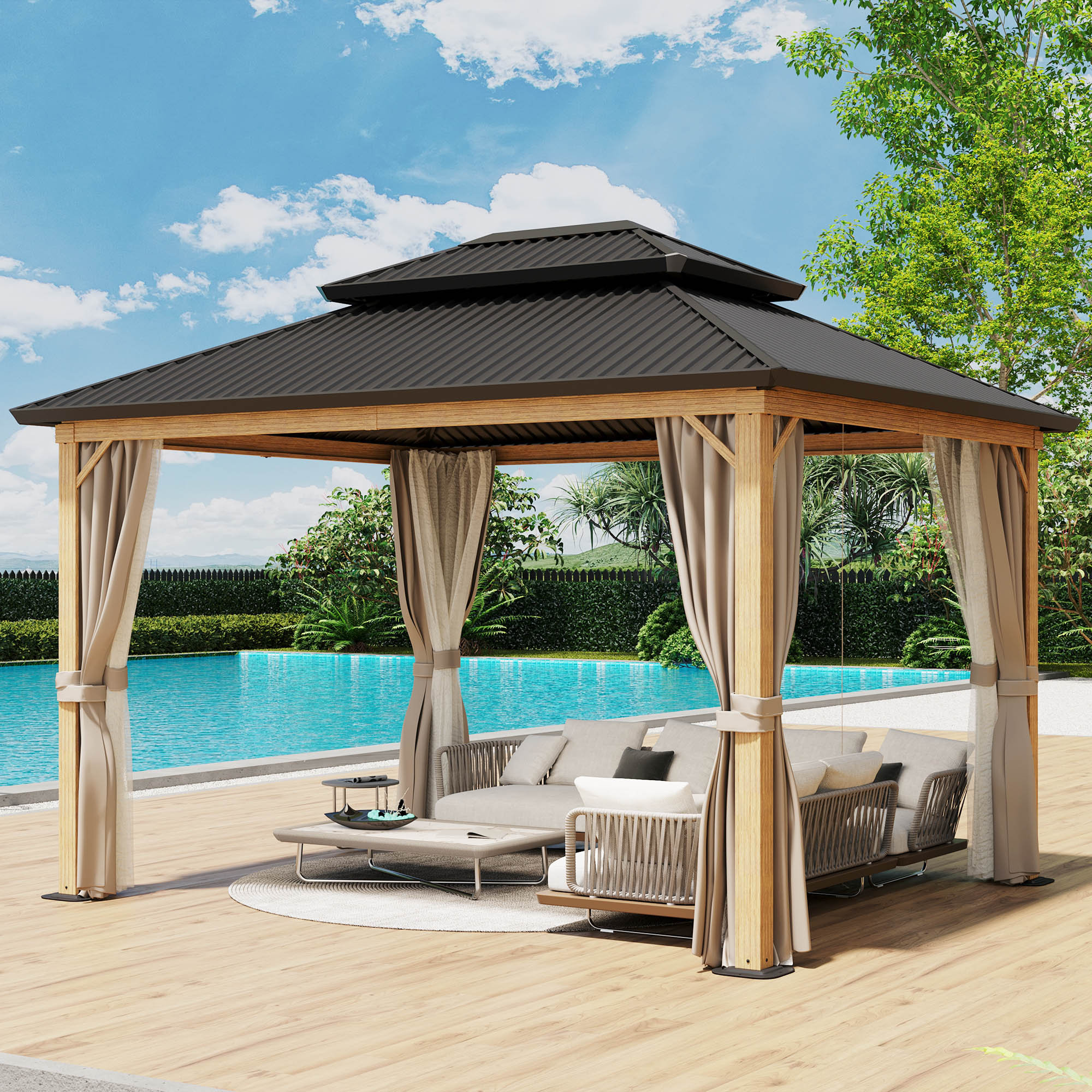 StarEcho 12 Ft. W x 10 Ft. D Metal Patio Double Roof Gazebo with ...