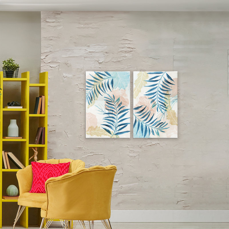 Ensemble de 2 toiles pastel et palmier bleu, conception par Nan, H 30 po x l 20 po