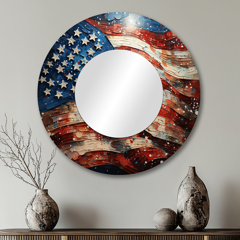 Drapeau américain drapeau IV - grand drapeau américain, miroir mural décoratif rond rouge, 29 po x 29 po
