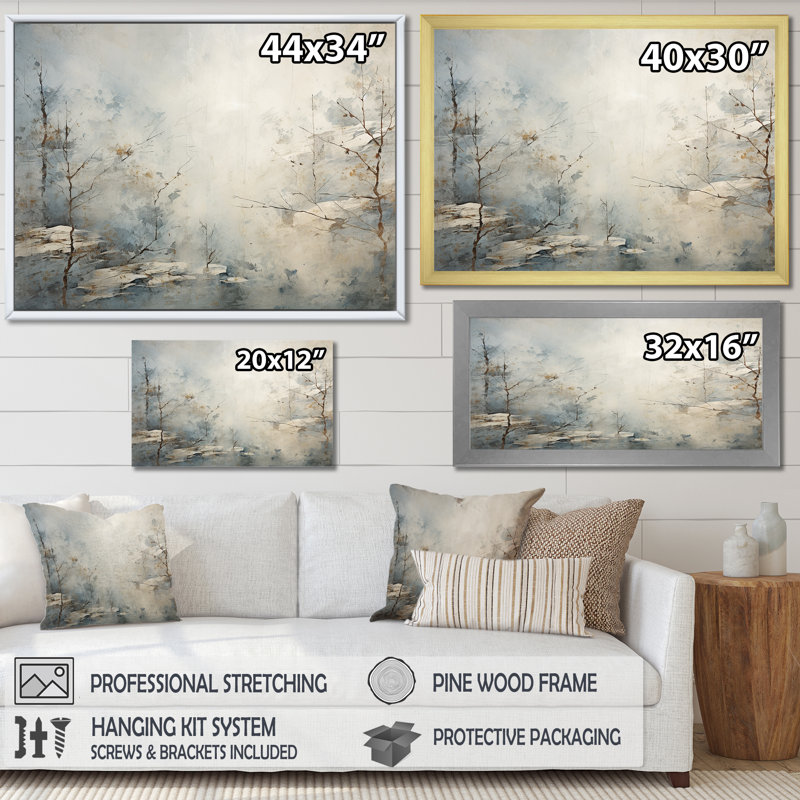«Moody Minimalisme River Forest - Forest River», art mural, H 34 po x l 44 po x P 1,5 po, Cadre simple noir